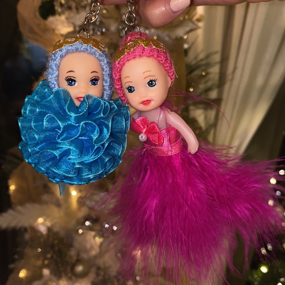 2 baby doll Christmas tree ornaments or keychains pink feather blue ribbon ball‌ - Picture 16 of 16